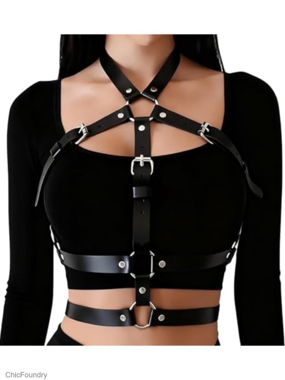 Adjustable Harness Belt for Women in Faux Leather Punk Gothic Chain